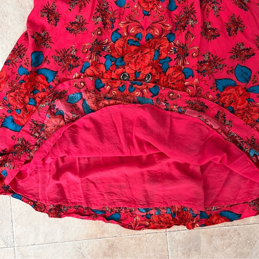 Bohemian Free People Pretty Red and Blue Floral Dress butterfly sleeves lined - Picture 10 of 10